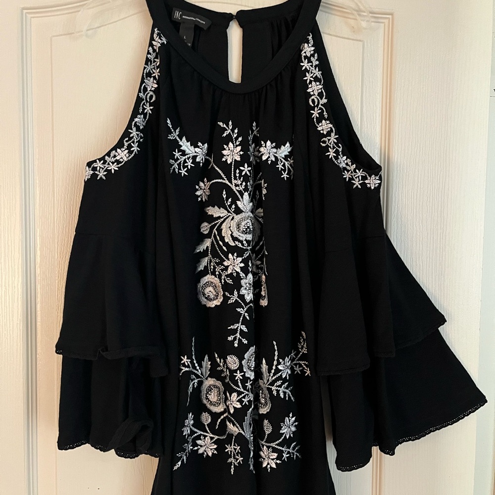 INC International Concepts Black Floral Embroidered Blouse